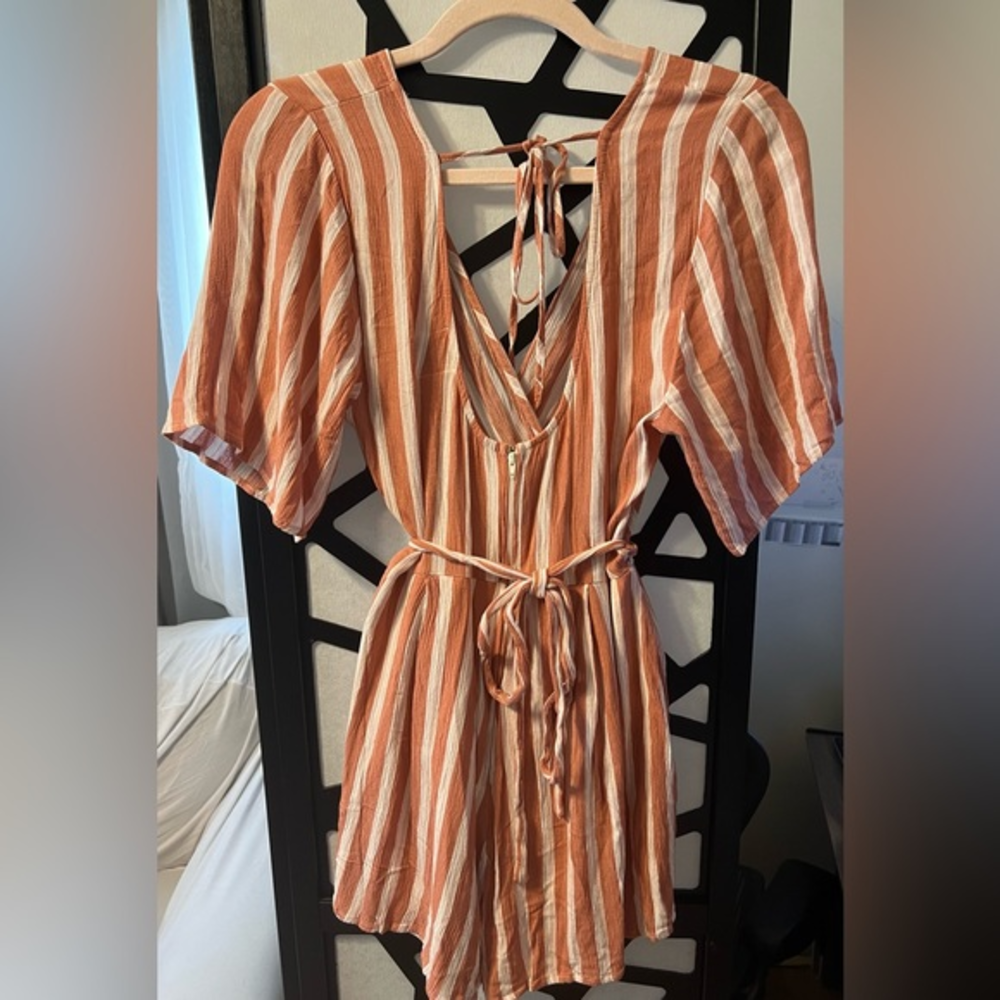 Striped Rust and White V-Neck Romper with Tie Waist